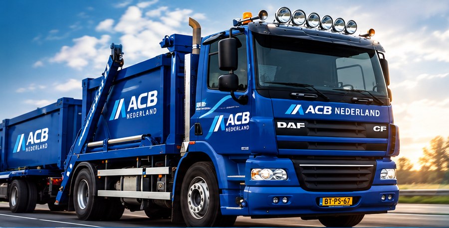 Blauwe ACB Nederland vrachtwagen met containers onderweg